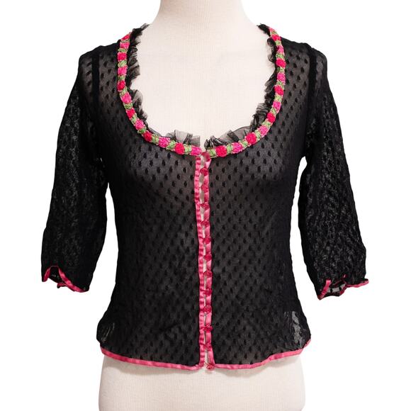 Betsey Johnson Tops - Betsey Johnson Vintage Y2K Swiss Dot Floral Applique Mesh Cropped Cardigan SZ M